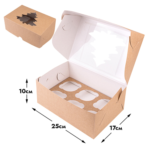 Коробка для 6 капкейков Ёлочка, крафт, с окном Коробка для 6 капкейков Ёлочка, крафт, с окном