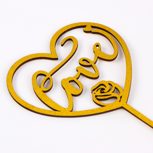 Топпер деревянный Сердце с блестками, золото фото 3