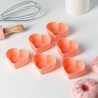 Форма для выпечки кексов Сердце, силикон, 7×3×6 см, 6 шт, розовые