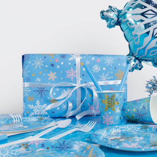 Упаковочная бумага Волшебные снежинки, голубой, 0,7*1м