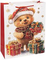 Пакет подарочный, Новогодний мишка, Металлик, 32*26*10см