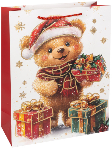 Пакет подарочный, Новогодний мишка, Металлик, 32*26*10см