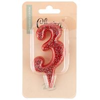 Свеча для торта Овал цифра 3, красный с блестками, 4*8см
