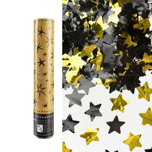 Хлопушка 30см, Звездный искры, звезды фольга, золото/черный, металлик