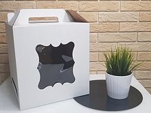Коробка для торта 28x28x30, 2 окна, белая, с ручкой