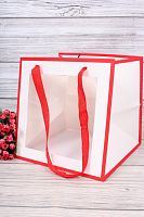 Пакет подарочный КУБ 30*30*30см, белый с красным кантом, с окном