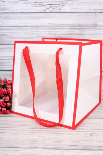 Пакет подарочный КУБ 20*20*20см, белый с красным кантом, с окном