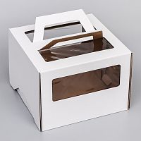Коробка для торта 28x28x20 см 2 окна, с ручками, белая,
