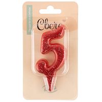Свеча для торта Овал цифра 5, красный с блестками, 4*8см