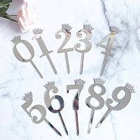 Топпер цифра 0-9 в ассортименте, серебро с короной, металлик 7*18см, 1шт