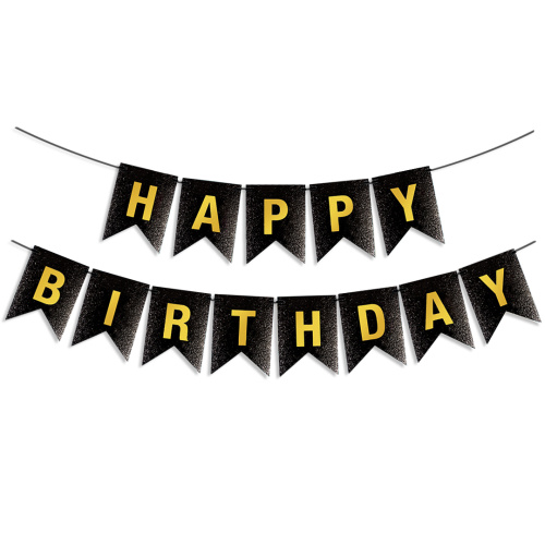 Гирлянда Флажки Happy Birthday, черный/золото, металлик с блестками, 350см, 17*12см