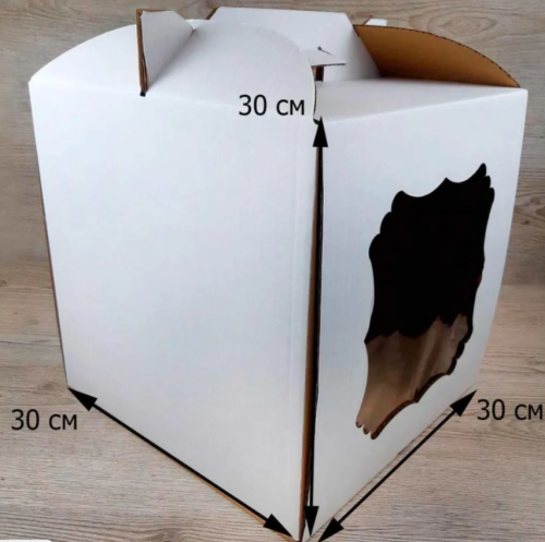 Коробка для торта 30x30x30, 2 окна, белая, с ручкой фото 2