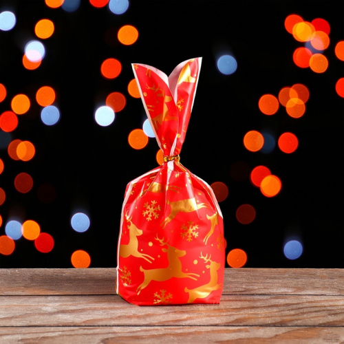 Пакет полиэтиленовый новогодний с ушками Олени, 13×23 см