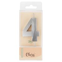 Свеча Цифра, 4 Грани, Серебро, Металлик, 4,2*6 + 4,5 см