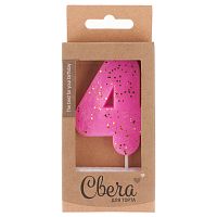 Свеча для торта цифра 4 НЕОН, сиреневый с блестками, 4*6см