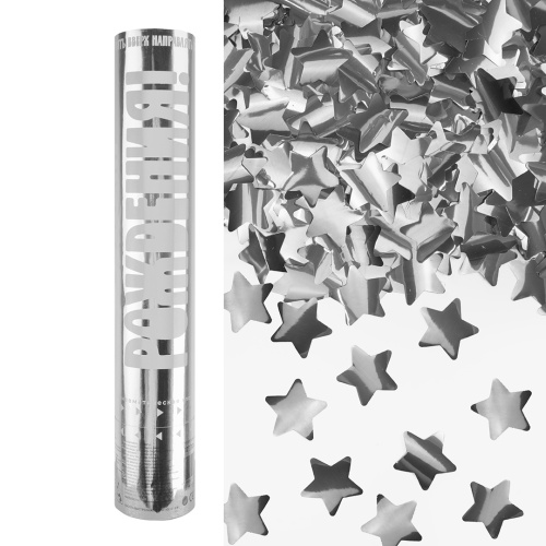 Хлопушка 30см, С Днем Рождения, звезды фольга серебро, металлик