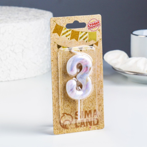 Свеча для торта "Белый мрамор", цифра "3", 5,5 см фото 2