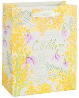 Пакет подарочный, 8 Марта, Солнечная мимоза, с блестками, 32*26*12 см
