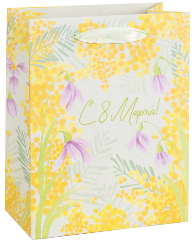 Пакет подарочный, 8 Марта, Солнечная мимоза, с блестками, 32*26*12 см