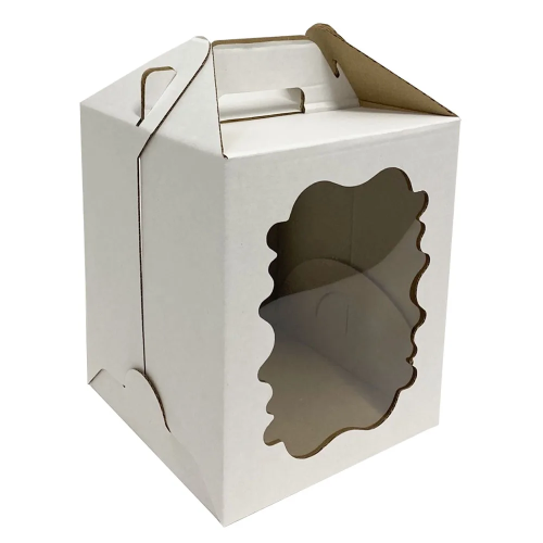 Коробка для торта 24x24x28 с ручками и окном, белая