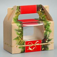 Коробка для 2 капкейков новогодняя Хвоя и шишки, 16×10×8 см