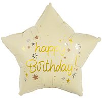 Воздушный шар фольгированный Звезда, Happy BirthDay (праздничные искры), Кремовый, Сатин