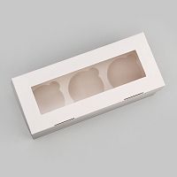 Коробка для 3 капкейков 25x10x10 см, с окном, белая