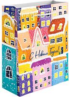 Пакет подарочный Счастливого Нового Года! (зимний городок), металлик, 32*26*12см