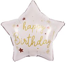 Воздушный шар фольгированный Звезда, Happy BirthDay (праздничные искры), светло-розовый, Сатин