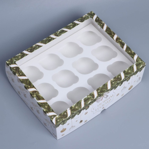 Коробка для 12 капкейков с окном С Новым годом!, 32.5х25.5х10см фото 2