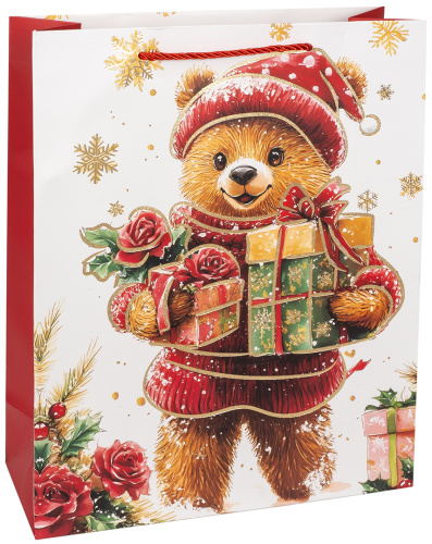 Пакет подарочный, Новогодний мишка, Металлик, 40*31*12см