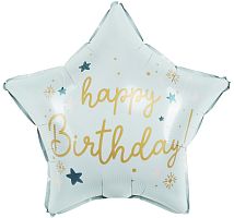 Воздушный шар фольгированный Звезда, Happy BirthDay (праздничные искры), светло-голубой, Сатин
