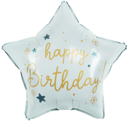 Воздушный шар фольгированный Звезда, Happy BirthDay (праздничные искры), светло-голубой, Сатин