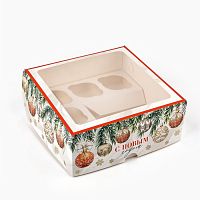 Коробка для 5 капкейков и бенто-торта С Новым годом!, шары, 25х25х10см