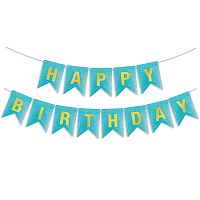 Гирлянда Флажки Happy Birthday, голубой/золото, металлик с блестками, 350см, 17*12см