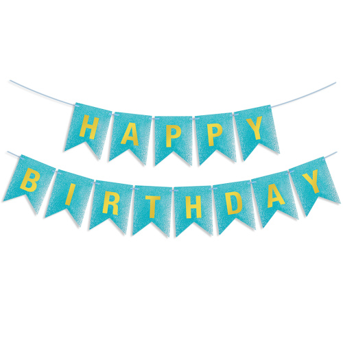 Гирлянда Флажки Happy Birthday, голубой/золото, металлик с блестками, 350см, 17*12см