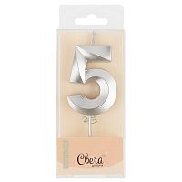 Свеча Цифра, 5 Грани, Серебро, Металлик, 4,2*6 + 4,5 см