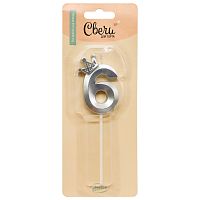 Свеча для торта Корона на шпажке цифра 6, Серебро, 6см, металлик