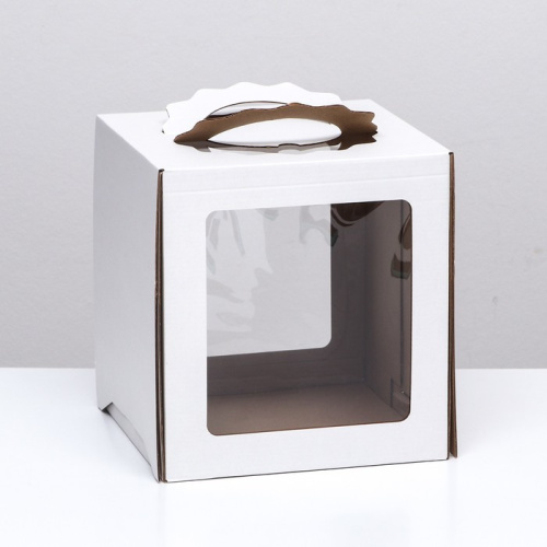 Коробка для торта 24x24x26 см с ручками «Квадрат», 2 окна, белая
