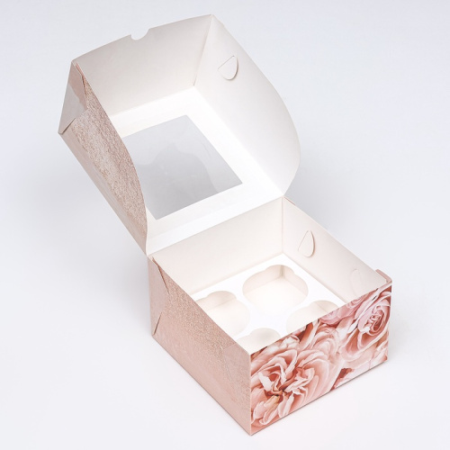 Коробка для 4 капкейков с окном, «Пионы», 16×16×10 см фото 2