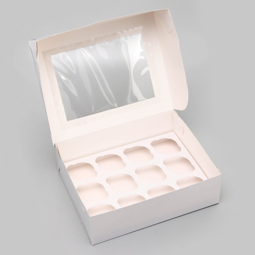 Коробка для 12 капкейков с окном, 35*25*10 см белая фото 2
