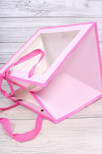 Пакет подарочный КУБ с окном 30*30*30см, белый/малиновый фото 2