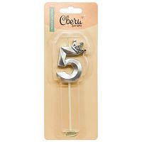 Свеча для торта Корона на шпажке цифра 5, Серебро, 6см, металлик