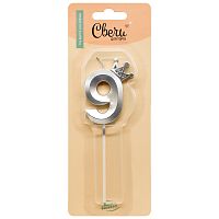 Свеча для торта Корона на шпажке цифра 9, Серебро, 6см, металлик