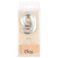 Свеча Цифра, 9 Грани, Серебро, Металлик, 4,2*6 + 4,5 см