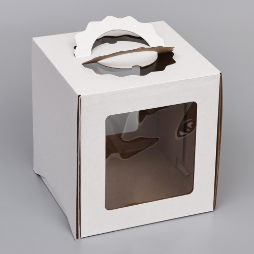 Коробка для торта 26x26x28 см, 2 окна, белая, с ручками фото 2 Коробка для торта 26x26x28 см, 2 окна, белая, с ручками фото 2