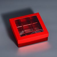Коробка для 9 конфет красный глиттер, 12.5×12.5×4 см