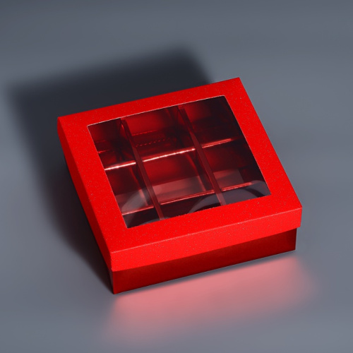 Коробка для 9 конфет красный глиттер, 12.5×12.5×4 см