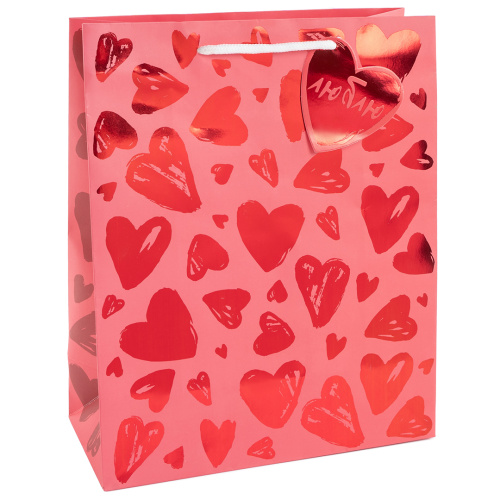 Пакет подарочный Множество сердец, металлик, 41*31*12см