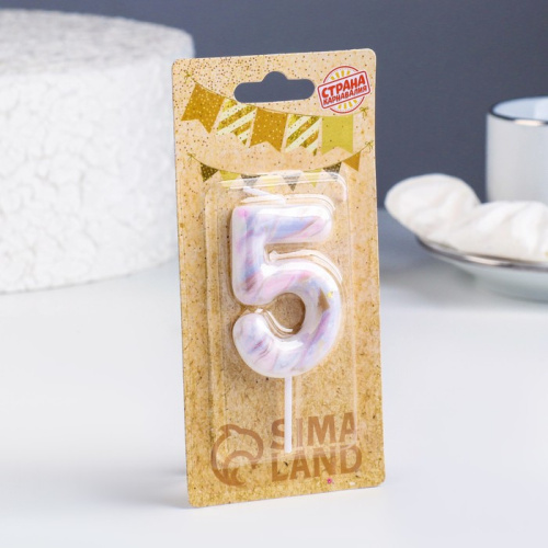 Свеча в торт "Белый мрамор", цифра "5", 5,5 см фото 2